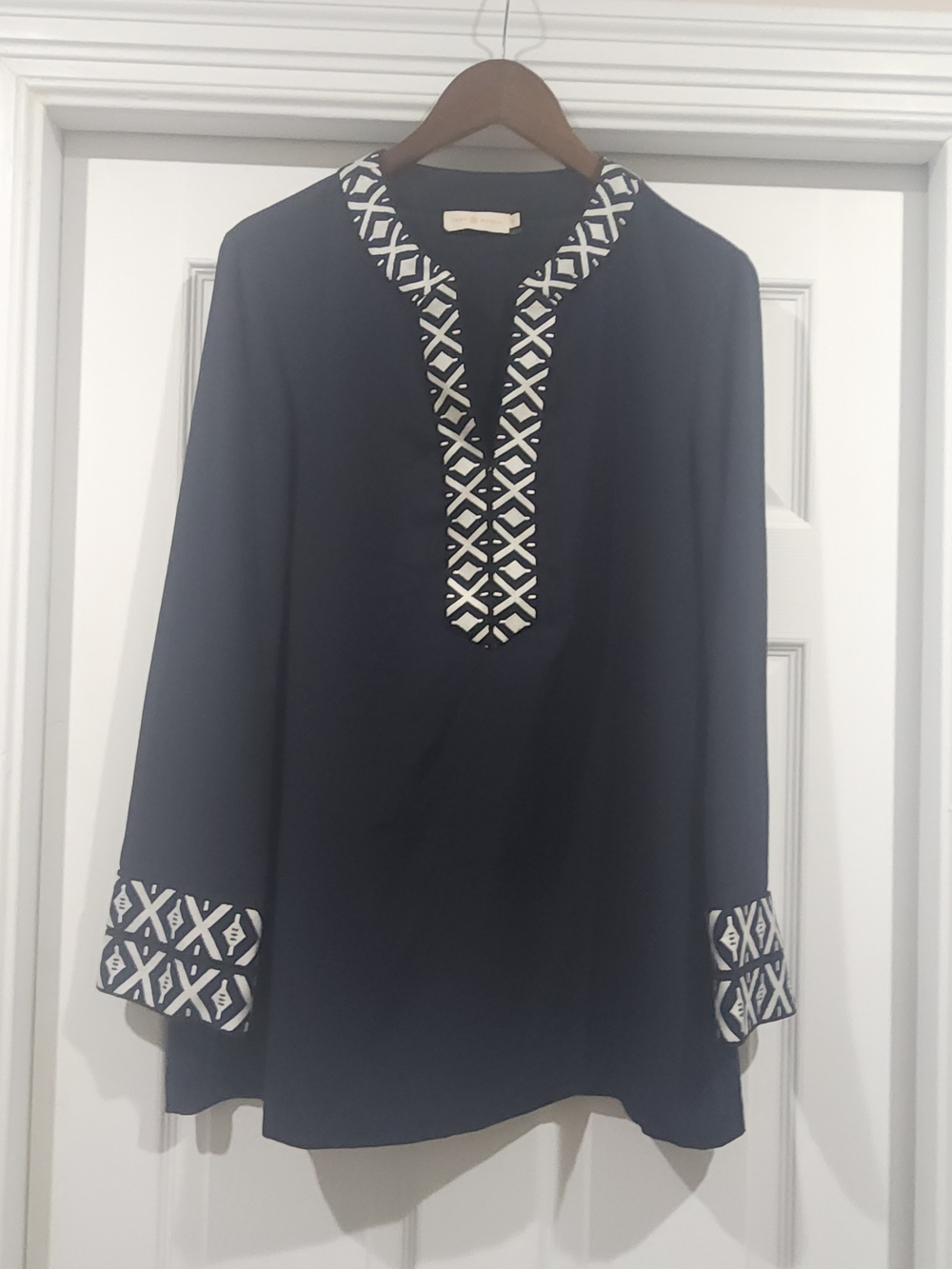Tory Burch Navy Tunic with White Geometric Trim